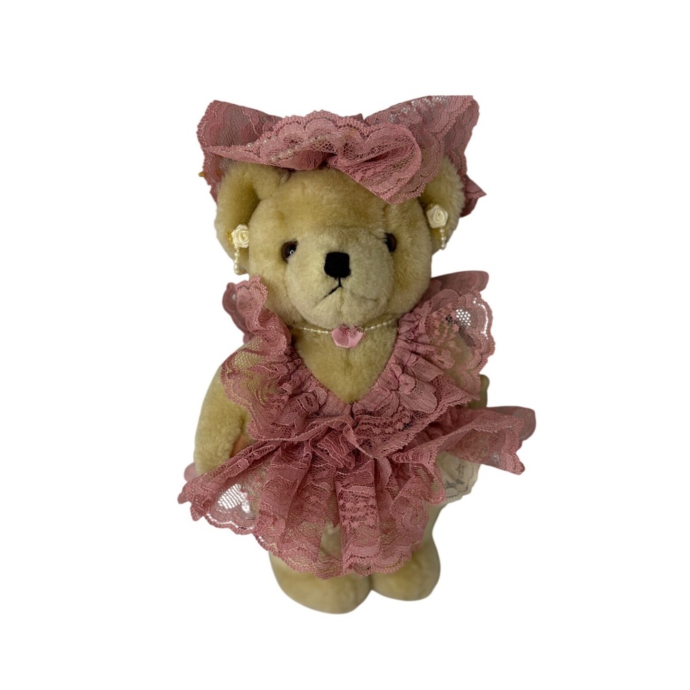 Vintage Victorian Lace Teddy Bear Pink Ruffles Pearl Accents Cottagecore 9"